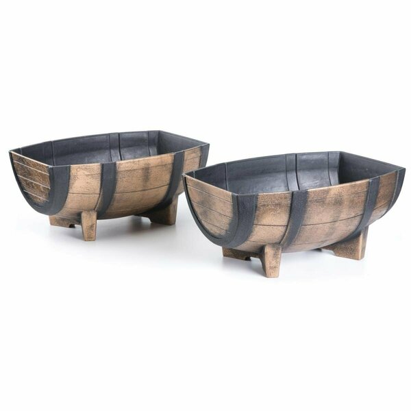 Invernaculo 7.25 x 11.75 x 16.25 in. Rustic Wood Look Plastic Half Barrel Flower Pot Planter Brown, 2PK IN3164226